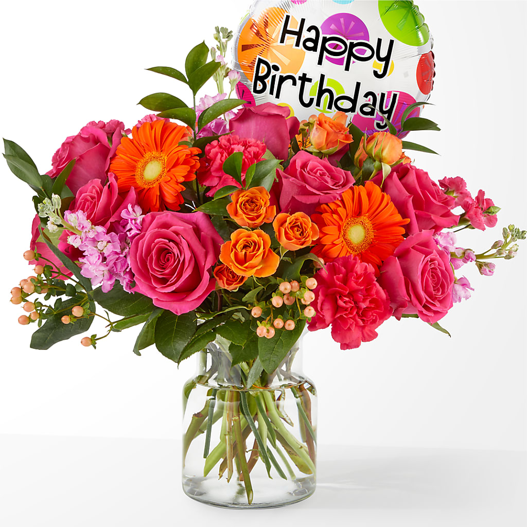 Fiesta Bouquet with Birthday Balloon – Pt Passionate Florist, Monroe WA